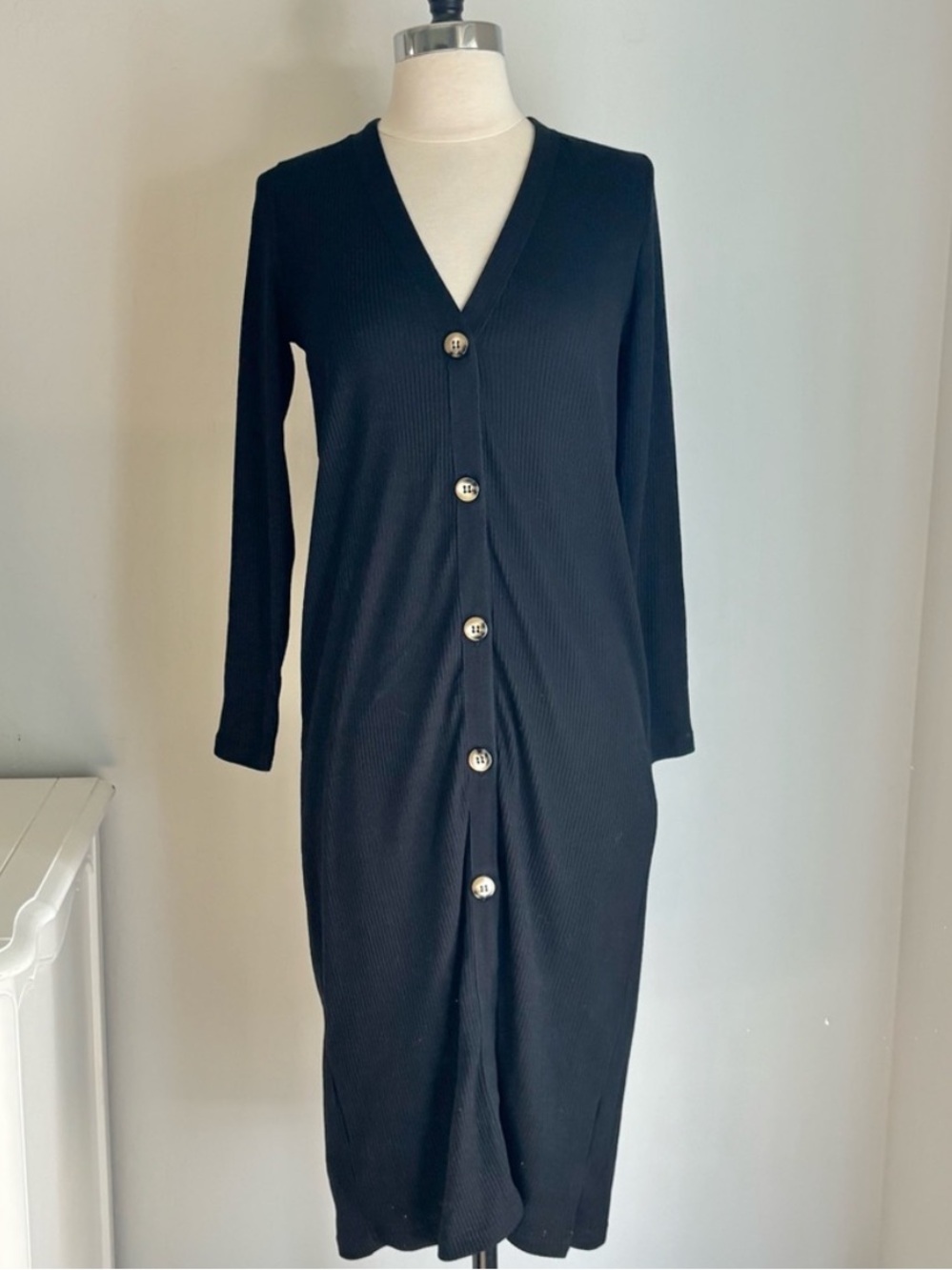 Zara Ribbed Long Sleeve Button Down Cardigan-Style Midi Dress, Black, Sz Medium